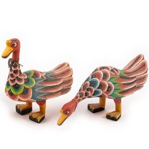 Vintage Carved Hand Painted Wood Duck/Peacock Set Folk Art Indonesia 1970’s